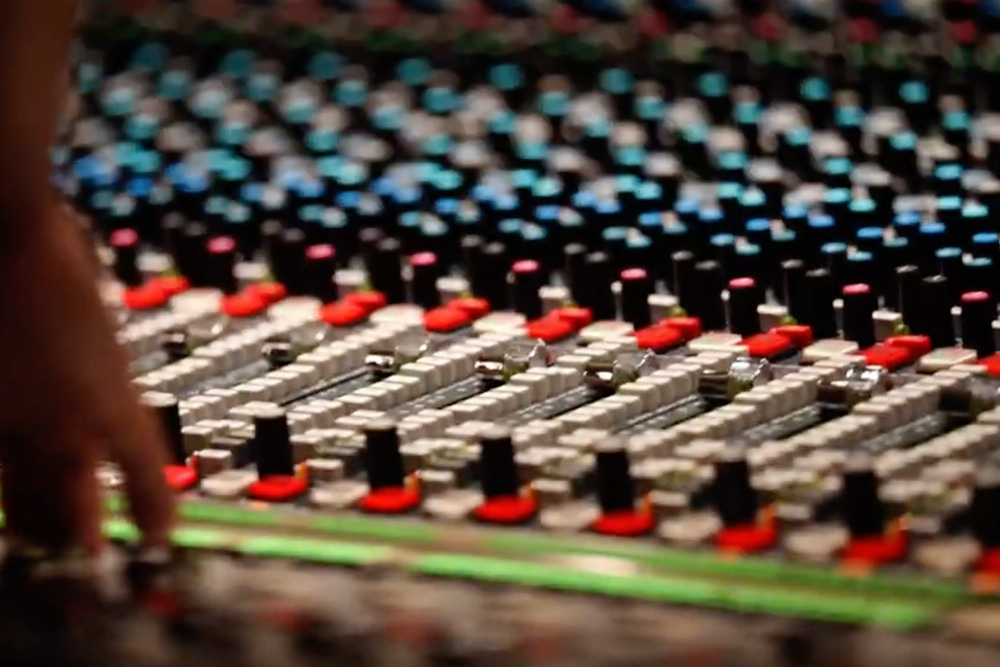 Close-up of the Neve 88RS console in Studio 2 at the University